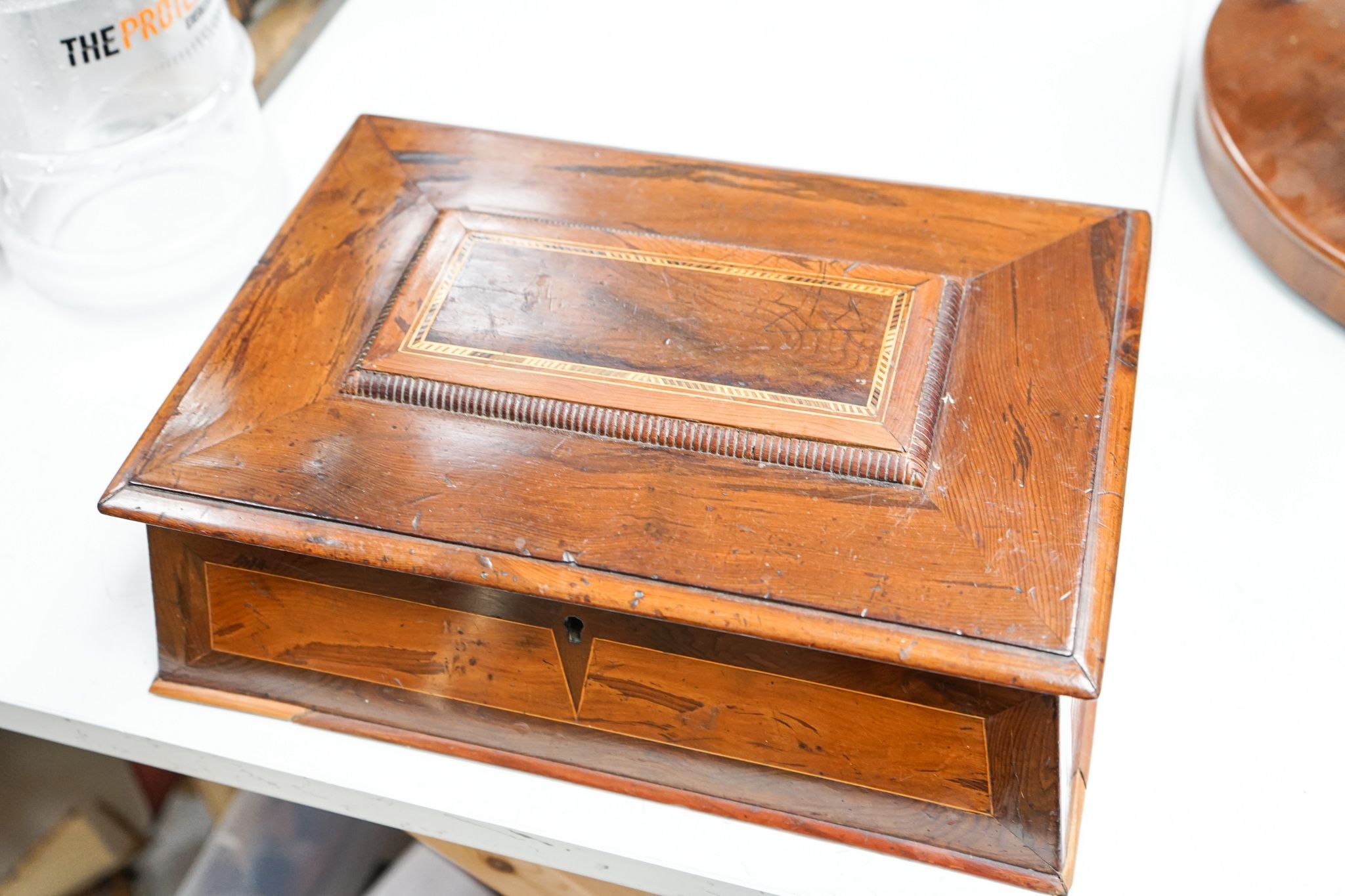 A Victorian inlaid yew box and Victorian mahogany writing slope, 39.5 cm